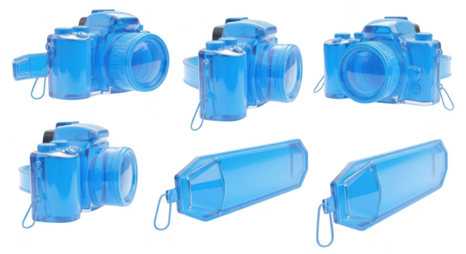 Transparent blue digital camera models displayed in various views against a white background showcasing different perspectives and potential photographic equipment