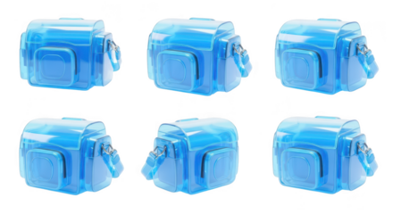Six transparent blue backpacks arranged on a white backdrop showcasing different angles Suitable for illustrating product design or storage concepts