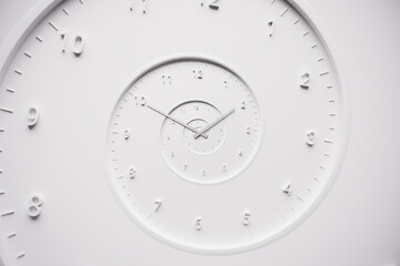 Abstract white spiral clock with repeating dials and 3D numbers, creating a surreal visual illusion of infinite time. Concept of time travel, eternity, or philosophical time loop.
