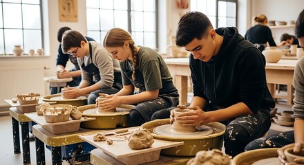 Young artisans engaging in pottery class, shaping clay on wheels, expressing creativity