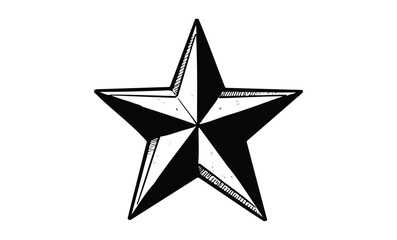 Black and white geometric star with shaded details on white background. Vector retro hand drawn illustration