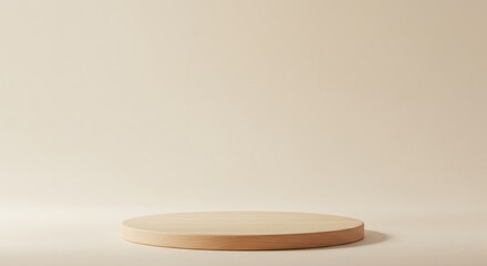 Minimalist 3D scene featuring a circular wooden podium on a clean beige background, perfect for product display and presentations.