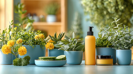Organic skincare products with fresh plants and cucumber slices representing natural beauty and wellness