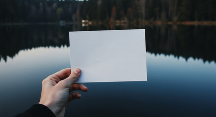 Blank paper held by a hand against a lake and forest background.