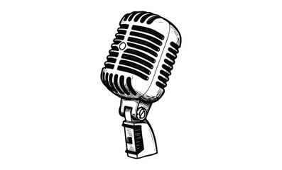 Fototapeta premium Vintage microphone drawing in black and white. Vector retro hand drawn illustration