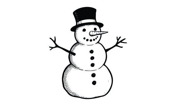 Black and white snowman illustration with top hat and carrot nose. Vector retro hand drawn illustration