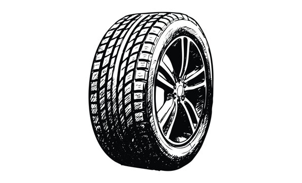 Detailed black and white illustration of a car tire with tread design. Vector retro hand drawn illustration