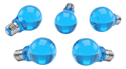 Five blue glass light bulbs isolated on white showing creative concept for innovation or energy with a pure white backdrop