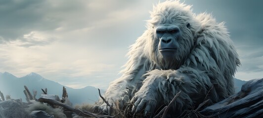 A haunted gothic white gorilla perched on a wind-swept hill art, generative ai