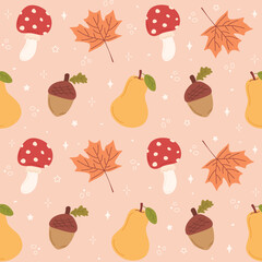 Seamless Autumn Pattern with Acorn, Maple Leaf, Mushroom, Pear and Star Elements on Soft Orange-Brown Background
