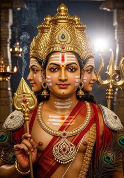 A depiction of lord murugan, the hindu god of war, adorned with traditional gold ornaments and peacock feathers