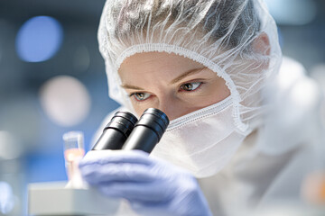 A scientist wearing protective gear closely examines samples through a microscope in a laboratory setting.