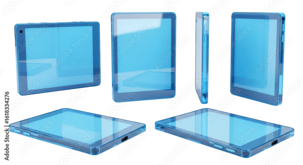 Poster transparent blue tablet models displaying different views on a white backdrop representing technolog