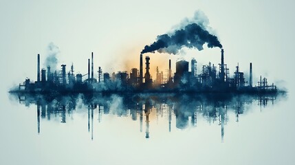 Obraz premium Futuristic industrial skyline with smokestacks and pollution