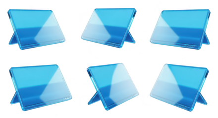 Six translucent blue-tinted screens set against a white background arranged in various angles used for mock-up designs
