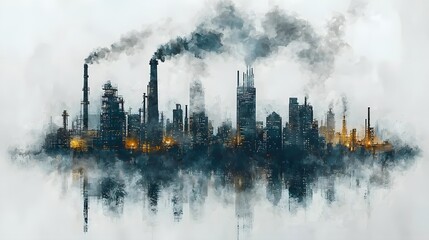 Obraz premium Futuristic industrial cityscape with smoking factories and hazy skyline