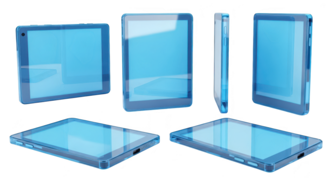 Transparent blue tablet models displaying different views on a white backdrop representing technology concepts