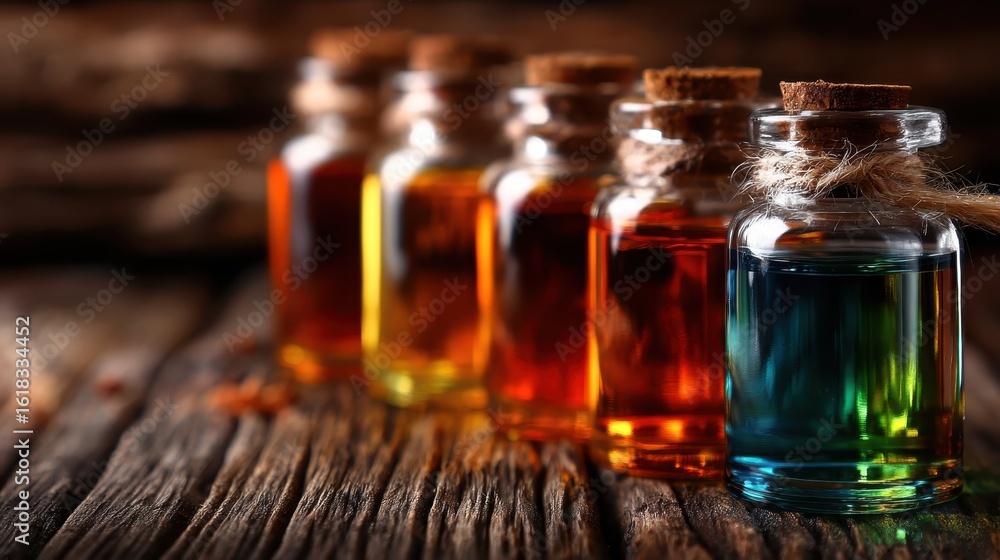 Aufkleber a vibrant display of colored glass bottles with cork tops resting on a rustic wooden surface, exudin