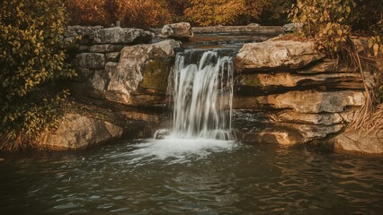 A serene waterfall cascading over rocky terrain, surrounded by lush greenery and autumn colors.