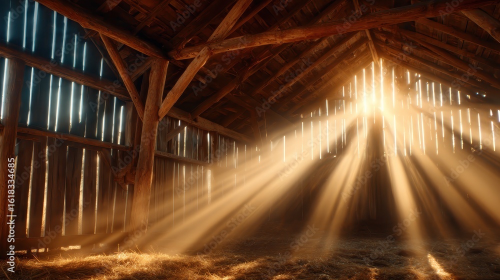 Poster the serene view of sunlight filtering through the slats of a rustic barn, creating an ethereal atmos