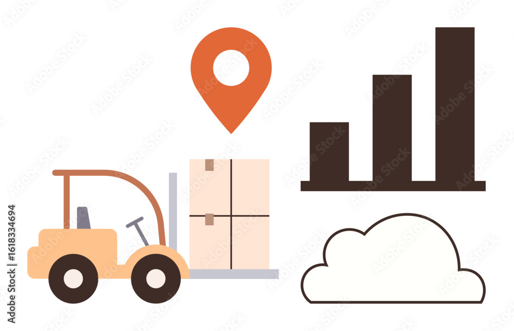 Poster forklift moving boxes, location marker, bar chart symbolizing data analysis, and cloud outline. idea