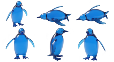 Rendered blue glass penguins in various poses on a white studio background suitable for illustration or design