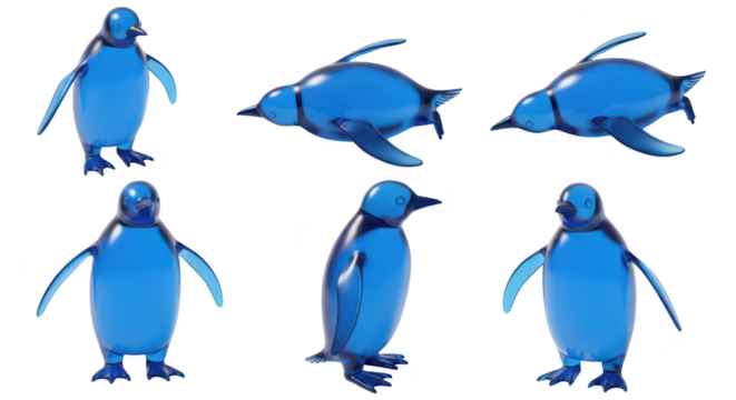 Rendered blue glass penguins in various poses on a white studio background suitable for illustration or design