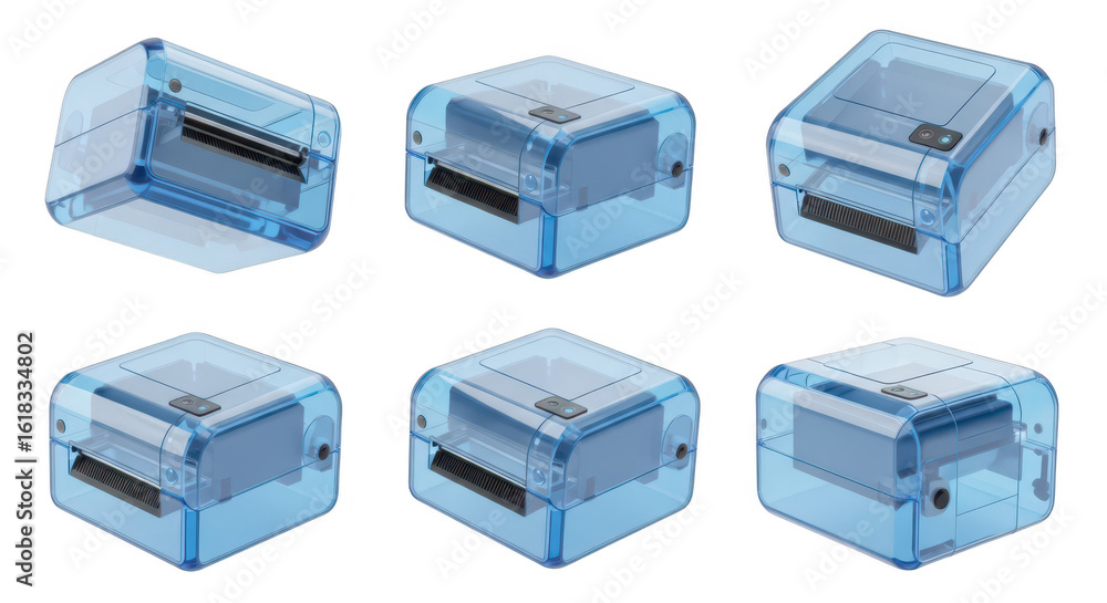 Fototapete multiple angles of a translucent blue printer in a studio setting showcasing its design with a blank