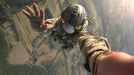soldiers who jump from a plane are taking selfies