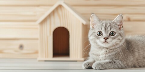 A gray tabby kitten with striking eyes sits beside a wooden cat house on a light wood surface and background.