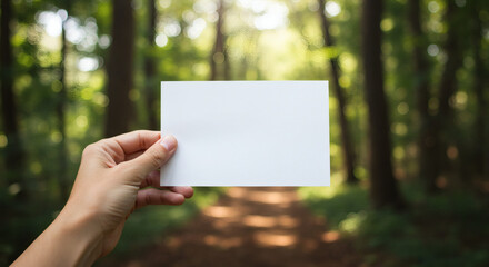 Blank paper held in hand in a forest.