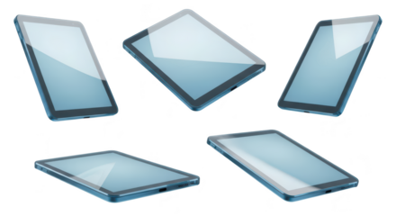 Several tablet devices floating at different angles white background showing digital screens usable for technology illustrations