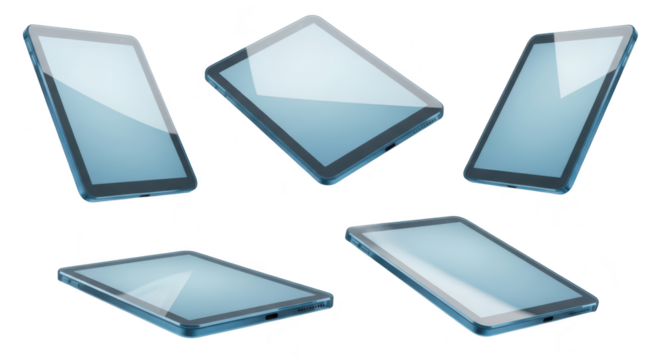 Several tablet devices floating at different angles white background showing digital screens usable for technology illustrations
