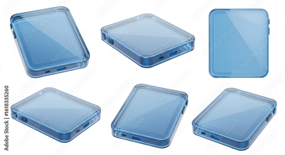 Poster multiple angles of a transparent blue tech device rendered on a white background showcasing a sleek 