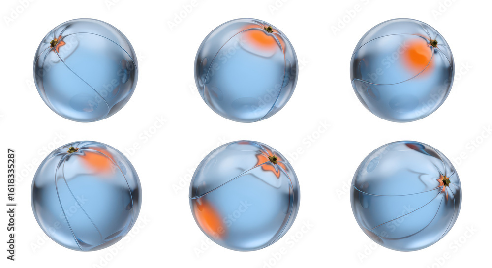 Poster six translucent blue spheres some with orange accents rotating on a white background possibly for sc