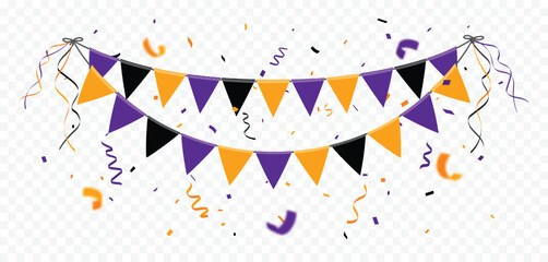 Purple and orange confetti, celebrations of halloween party flags garland banner and backgrounds