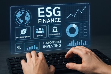 sustainable finance show highlights eco-conscious investment strategies. Hands typing on a keyboard with a digital screen displaying ESG finance