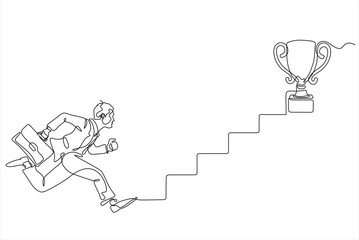 Single one line drawing businessman jumping to success. Step to successful. Achieve trophy cup. Man run and go to their goal on stairs, way to achieve goal. Hand drawn one line vector. Editable stroke