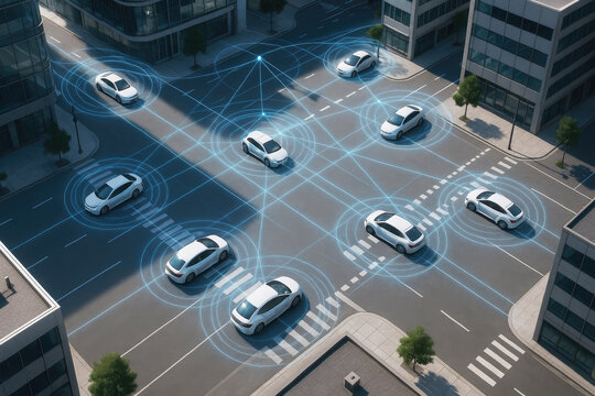 Connected vehicles navigate an urban intersection using technology for safer traffic management in the city during daytime