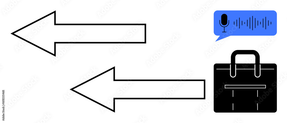 Poster two large arrows, one pointing left and one pointing right, juxtaposed with a speech bubble containi