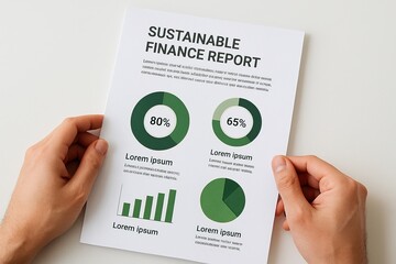 sustainable finance show highlights eco-conscious investment strategies. A person holds a sustainable finance report featuring green circular and bar charts