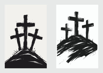 Three crosses on hill symbolizing crucifixion of Jesus Christ on Good Friday