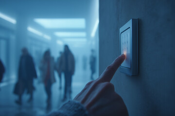 Finger pressing illuminated button on digital keypad in blue lit hallway with blurred people access control