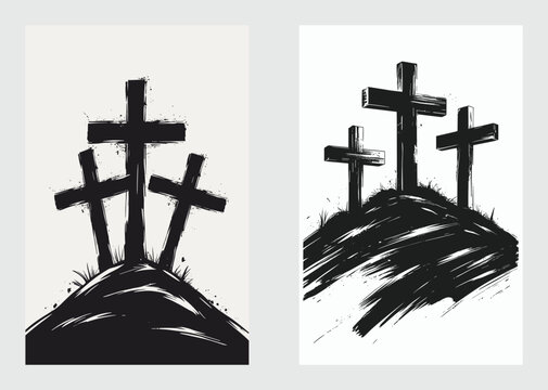 Three crosses on hill symbolizing crucifixion of Jesus Christ on Good Friday