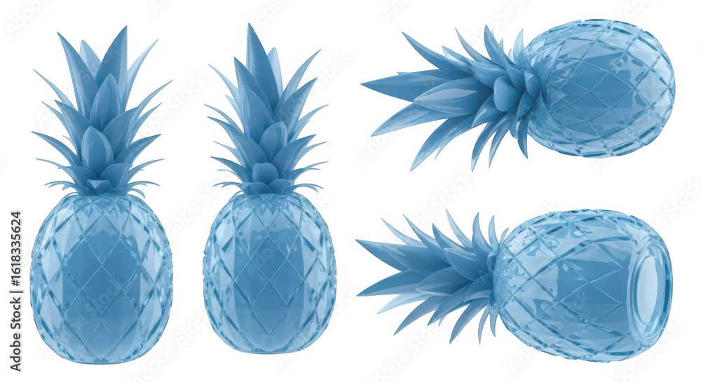 Poster blue 3d-rendered pineapples isolated on white showing multiple views ideal for design & decorative p