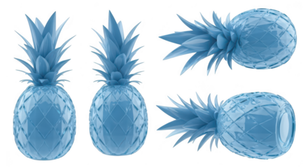 Blue 3D-rendered pineapples isolated on white showing multiple views ideal for design & decorative projects