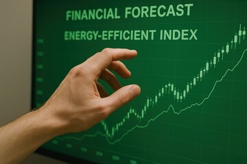 Fototapeta premium sustainable finance show highlights eco-conscious investment strategies. Hand pointing at a rising financial forecast chart