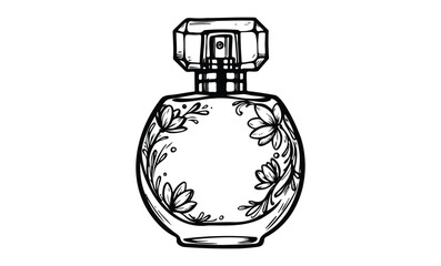 Obraz premium Floral-designed perfume bottle with ornate flower patterns and crystal cap. Vector retro hand drawn illustration