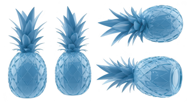 Blue 3D-rendered pineapples isolated on white showing multiple views ideal for design & decorative projects