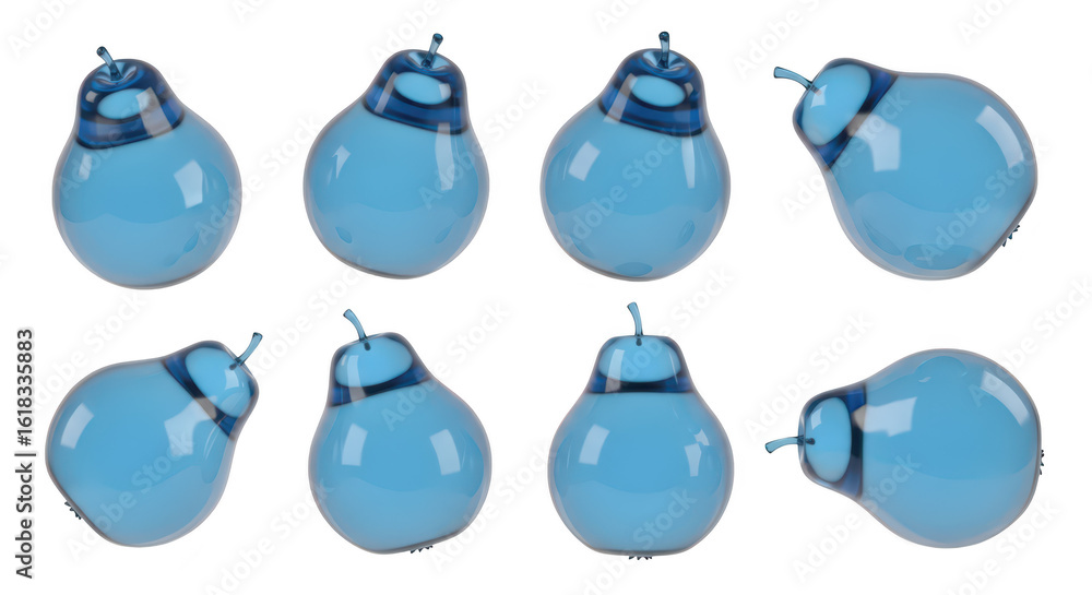 Poster blue pears in various tilted positions digitally rendered on white backdrop useful for design elemen